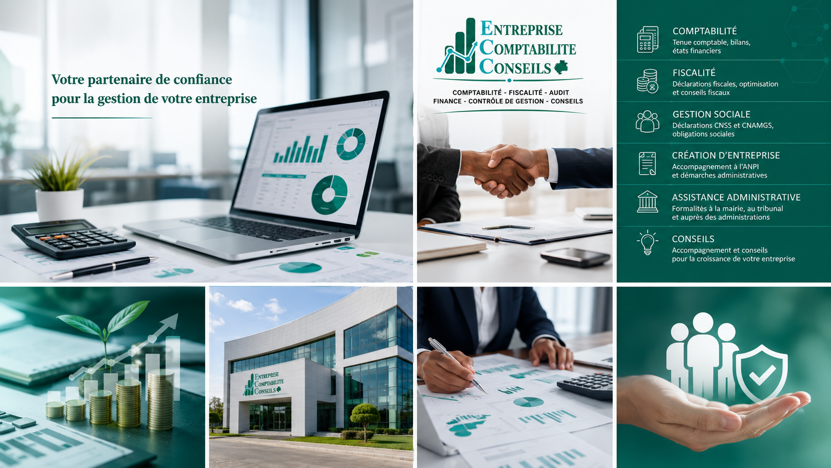 Équipe ECC au travail : réunion, analyse financière et bureaux du cabinet